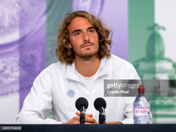 Stefanos Tsitsipas of Greece attends a press conference attends a press conference ahead of The Championships - Wimbledon 2021 at All England Lawn...