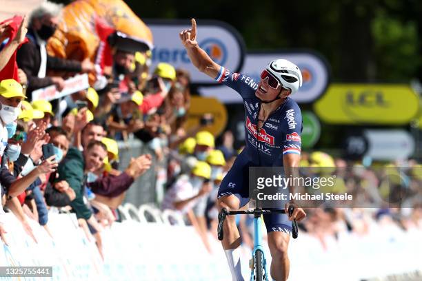 Mathieu Van Der Poel of The Netherlands and Team Alpecin-Fenix stage winner celebrates at arrival during the 108th Tour de France 2021, Stage 2 a...