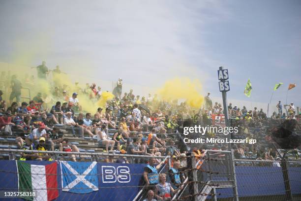 Fans look on on the grandstand during the MotoGP race during the MotoGP of Netherlands - Race at TT Circuit Assen on June 27, 2021 in Assen,...