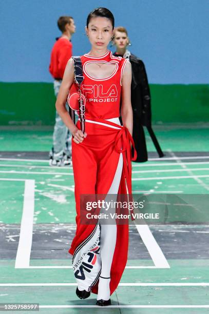 Model walks the runway during the Y/Project Ready to Wear Spring/Summer 2022 fashion show as part of the Paris Men Fashion Week on June 27, 2021 in...