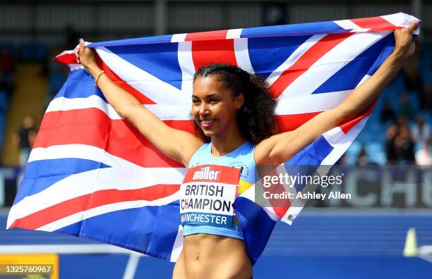 Morgan Lake of Windsor Sough Eaton and Hounslow poses for photographs after winning the Womens High Jump Final on Day Three of the Muller British...