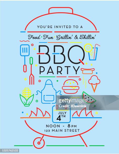 trendige und stilisierte symbole in barbecue party einladung design vorlage für sommer-cookouts und feiern - gartengrill stock-grafiken, -clipart, -cartoons und -symbole