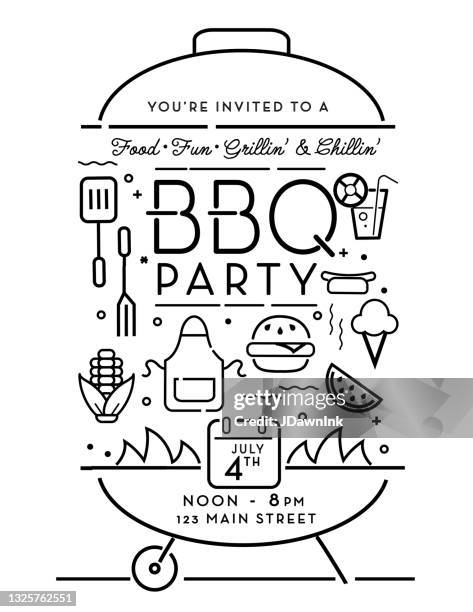 trendy and stylized icons in barbecue party invitation design template for summer cookouts and celebrations - picnic icon stock illustrations