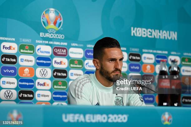 In this handout picture provided by UEFA, Koke of Spain speaks to the media during the Spain Press Conference ahead of the UEFA Euro 2020 Round of 16...