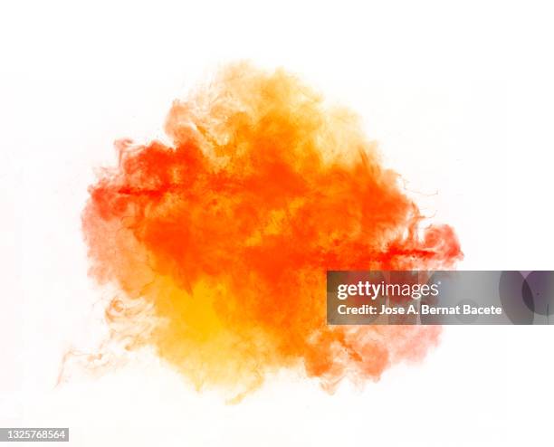 explosion, cloud of fire, smoke and sparks on a white background. - flamme freisteller stock-fotos und bilder