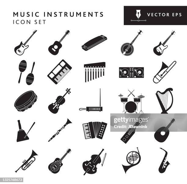 ilustraciones, imágenes clip art, dibujos animados e iconos de stock de instrumentos musicales y elementos grandes icono sobre fondo blanco - trazo editable - saxaphone