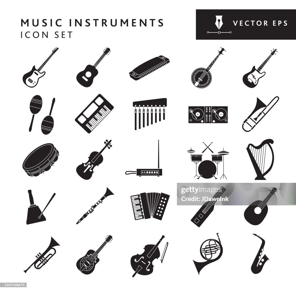 Musical instruments and elements big Icon set on white background - editable stroke