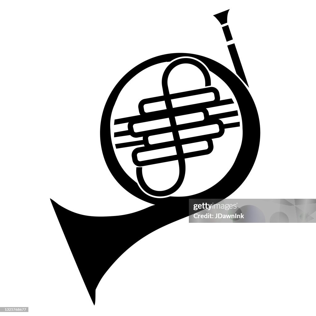 Icono de línea delgada del instrumento de música de trompa francesa sobre fondo blanco