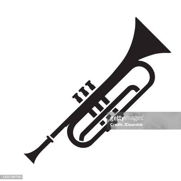 dünne linie symbol eines trompeten-musikinstruments auf weißem hintergrund - trompete stock-grafiken, -clipart, -cartoons und -symbole