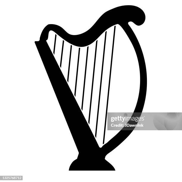 thin line icon of a harp music instrument on white background - harp stock illustrations