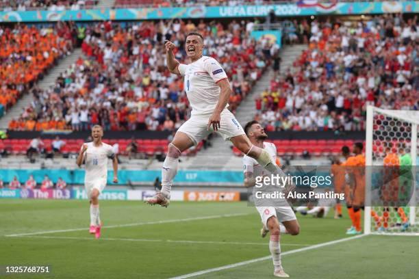 Tomas Holes of Czech Republic celebrates after scoring their side's first goal during the UEFA Euro 2020 Championship Round of 16 match between...