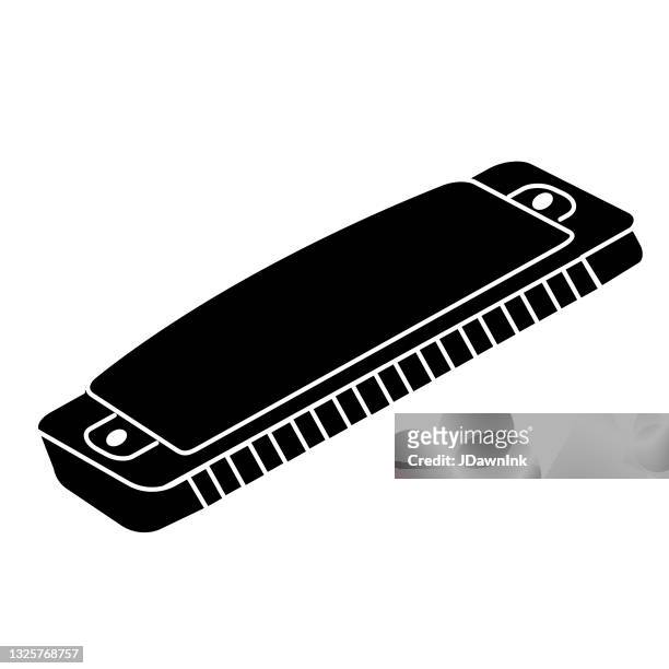 thin line icon of a harmonica music instrument on white background - harmonica stock illustrations