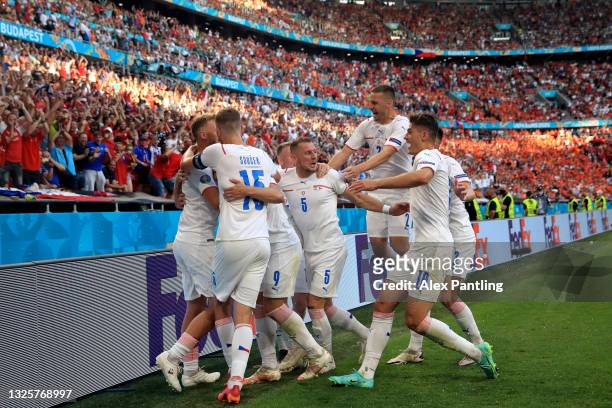 Tomas Holes of Czech Republic celebrates with team mates after scoring their side's first goal during the UEFA Euro 2020 Championship Round of 16...