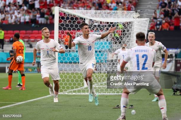 Patrik Schick of Czech Republic celebrates after scoring their side's second goal during the UEFA Euro 2020 Championship Round of 16 match between...