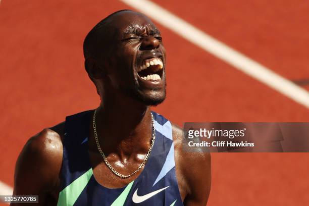 Paul Chelimo reacts after winning Men's 5,000 Meter Run during day ten of the 2020 U.S. Olympic Track & Field Team Trials at Hayward Field on June...