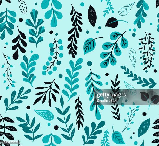 seamless leafy pattern - cute-blue-backgrounds stock illustrations