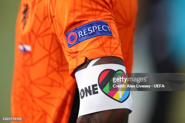 Detailed view of the 'ONE-LOVE' captains armband worn by Georginio Wijnaldum of Netherlands is seen during the UEFA Euro 2020 Championship Round of...