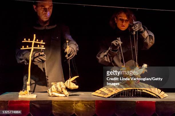 Unidentified puppeteers perform in the Tbilisi Municipal Theatre Studio production of 'Ramona' at the Clark Studio Theater during Lincoln Center...
