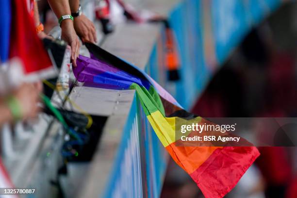 Rainbow flag inside the stadium during the UEFA Euro 2020: Round of 16 match between Netherlands and Czech Republic at Puskas Arena on June 27, 2021...