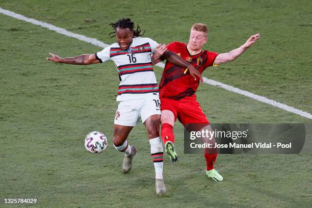 Renato Sanches of Portugal battles for possession with Kevin De Bruyne of Belgium during the UEFA Euro 2020 Championship Round of 16 match between...