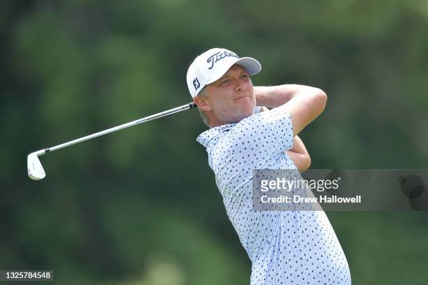 Matt Jones of Australia plays his shot from the fifth tee during the final round of the Travelers Championship at TPC River Highlands on June 27,...