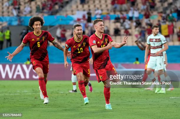 Thorgan Hazard of Belgium celebrates after scoring their side's first goal during the UEFA Euro 2020 Championship Round of 16 match between Belgium...