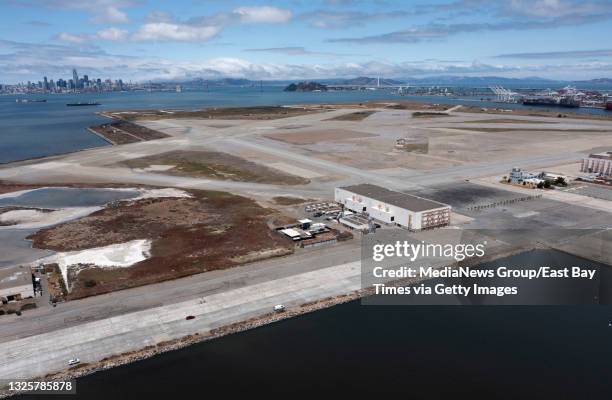 Parcel of land that was used as a taxiway is seen from this drone view at the former Naval Air Station Alameda in Alameda, Calif., on Tuesday, June...