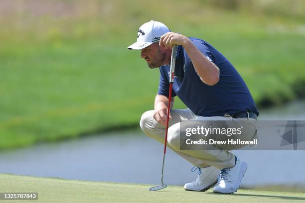 Marc Leishman of Australia lines up a putt on the 16th green during the final round of the Travelers Championship at TPC River Highlands on June 27,...