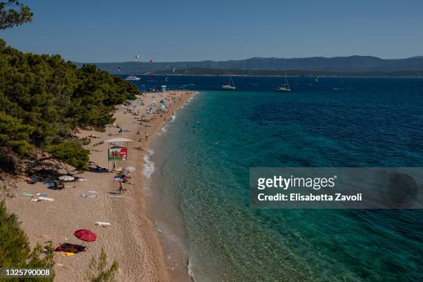 Zlatni Rat beach as seen from the pinewood on June 27, 2021 in Bol, Croatia. Croatia has already reported a 40 percent increase in tourists relative...
