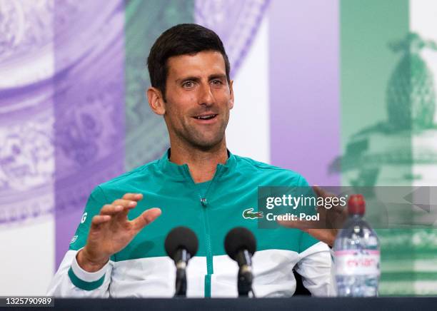 Novak Djokovic of Serbia attends a virtual press conference ahead of The Championships - Wimbledon 2021 at All England Lawn Tennis and Croquet Club...