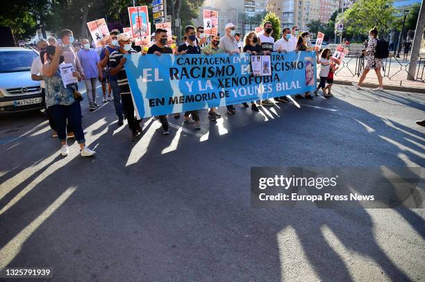 Several people during a rally called by STOP Racismo Region de Murcia, against racism, fascism and xenophobia, in Cartagena, on 27 June, 2021 in...