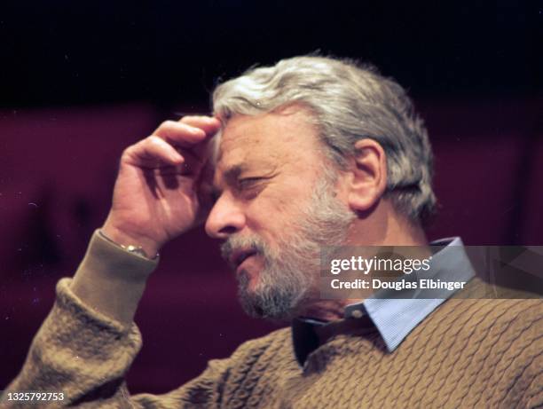 View of American composer and lyricist Stephen Sondheim onstage during an event at the Fairchild Theater, East Lansing, Michigan, February 12, 1997.