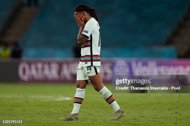 Renato Sanches of Portugal looks dejected following defeat in the UEFA Euro 2020 Championship Round of 16 match between Belgium and Portugal at...