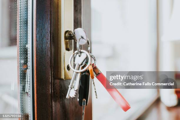 bunch of keys hanging in a glass door - schlüssel stock-fotos und bilder