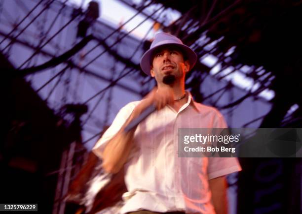 American rapper Mike D., of the American hip hop group Beastie Boys, sings on stage at Lollapalooza 1994 on August 5, 1994 at Randall's Island, New...