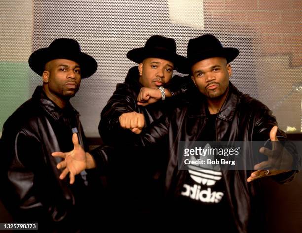 Jason Mizell , Joseph Simmons , Darryl McDaniels , of the American hip hop group Run-D.M.C., pose for a group portrait circa May, 1999 in Los...