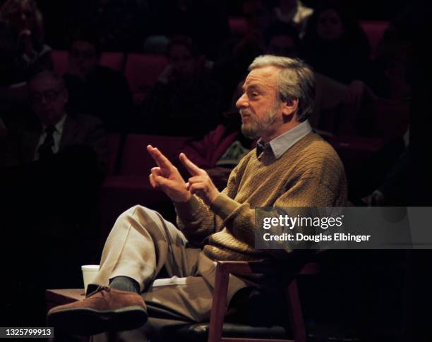 View of American composer and lyricist Stephen Sondheim onstage during an event at the Fairchild Theater, East Lansing, Michigan, February 12, 1997.