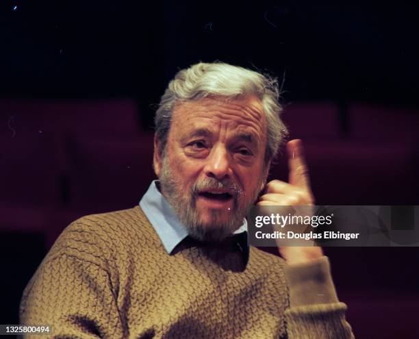 View of American composer and lyricist Stephen Sondheim onstage during an event at the Fairchild Theater, East Lansing, Michigan, February 12, 1997.