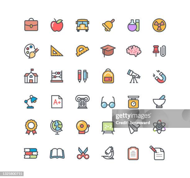 collection chemistry line color icons - clipboard and glasses stock illustrations