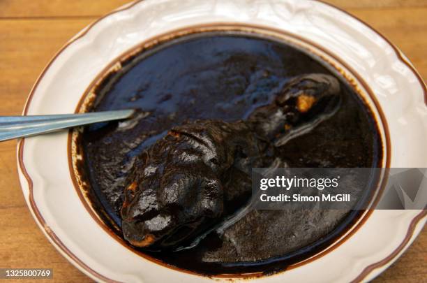 chicken drumstick in mole sauce - mole sauce fotografías e imágenes de stock