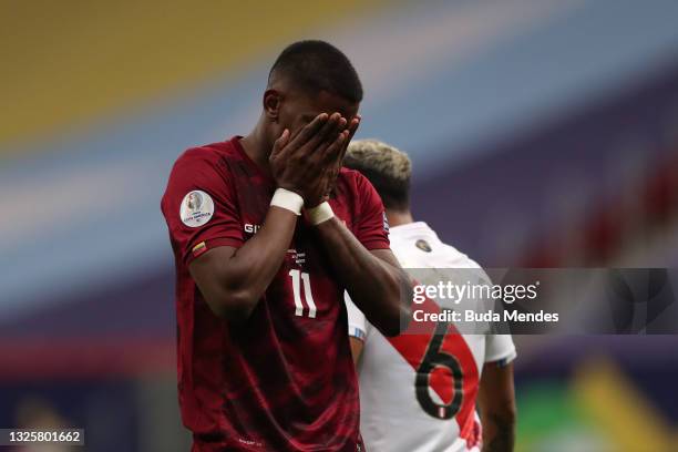 Sergio Cordova of Venezuela reacts during a Group B Match between Venezuela and Peru as part of Copa America Brazil 2021 at Mane Garrincha Stadium on...