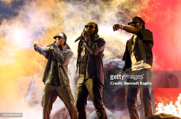 Quavo,Takeoff and Offset of Migos perform onstage at the BET Awards 2021 at Microsoft Theater on June 27, 2021 in Los Angeles, California.