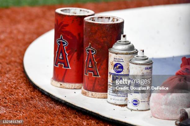 Detailed view of the Los Angeles Angels batting doughnuts on the on deck circle during the seventh inning of the game against the Tampa Bay Rays at...