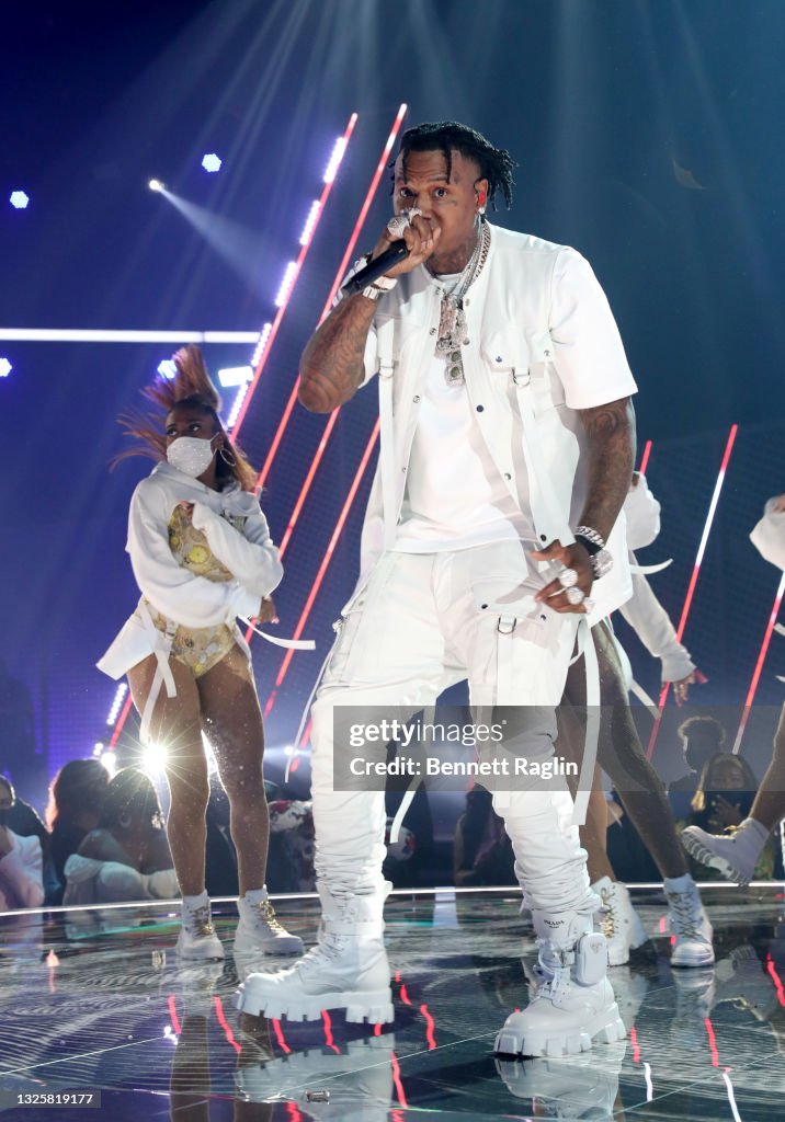 Moneybagg Yo performs onstage at the BET Awards 2021 at Microsoft