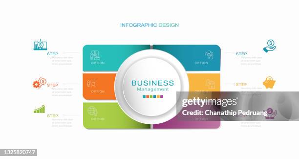 infographic design template with 6 separate rounded rectangles of different colors and circle stock illustration infographic, four objects, number 6, circle, staircase - rounded rectangle infographic stock illustrations