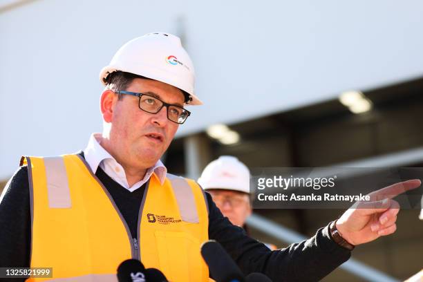 Premier of Victoria Daniel Andrews makes a gesture as he speaks to the media during a press conference on June 28, 2021 in Melbourne, Australia....