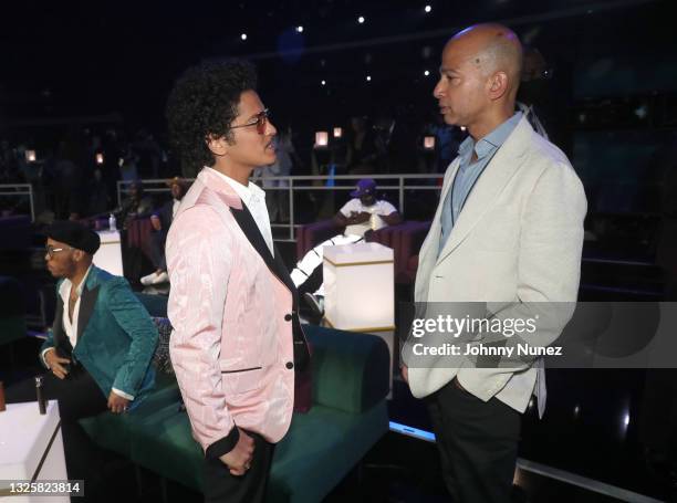 Bruno Mars and President of BET Networks Scott M. Mills attend the BET Awards 2021 at Microsoft Theater on June 27, 2021 in Los Angeles, California.