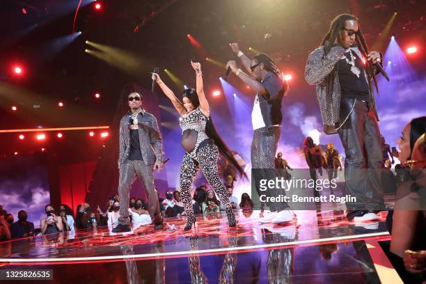 Cardi B and Quavo, Offset, and Takeoff of Migos perform onstage at the BET Awards 2021 at Microsoft Theater on June 27, 2021 in Los Angeles,...