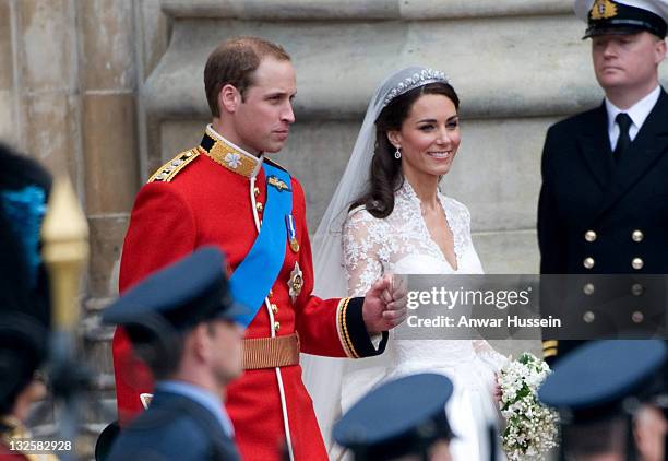 Catherine, Duchess of Cambridge and Prince William, Duke of Cambridge depart after their wedding at Westminster Abbey on April 29, 2011 in London,...