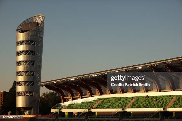 The Hayward Field tower is seen during day ten of the 2020 U.S. Olympic Track & Field Team Trials at Hayward Field on June 27, 2021 in Eugene, Oregon.